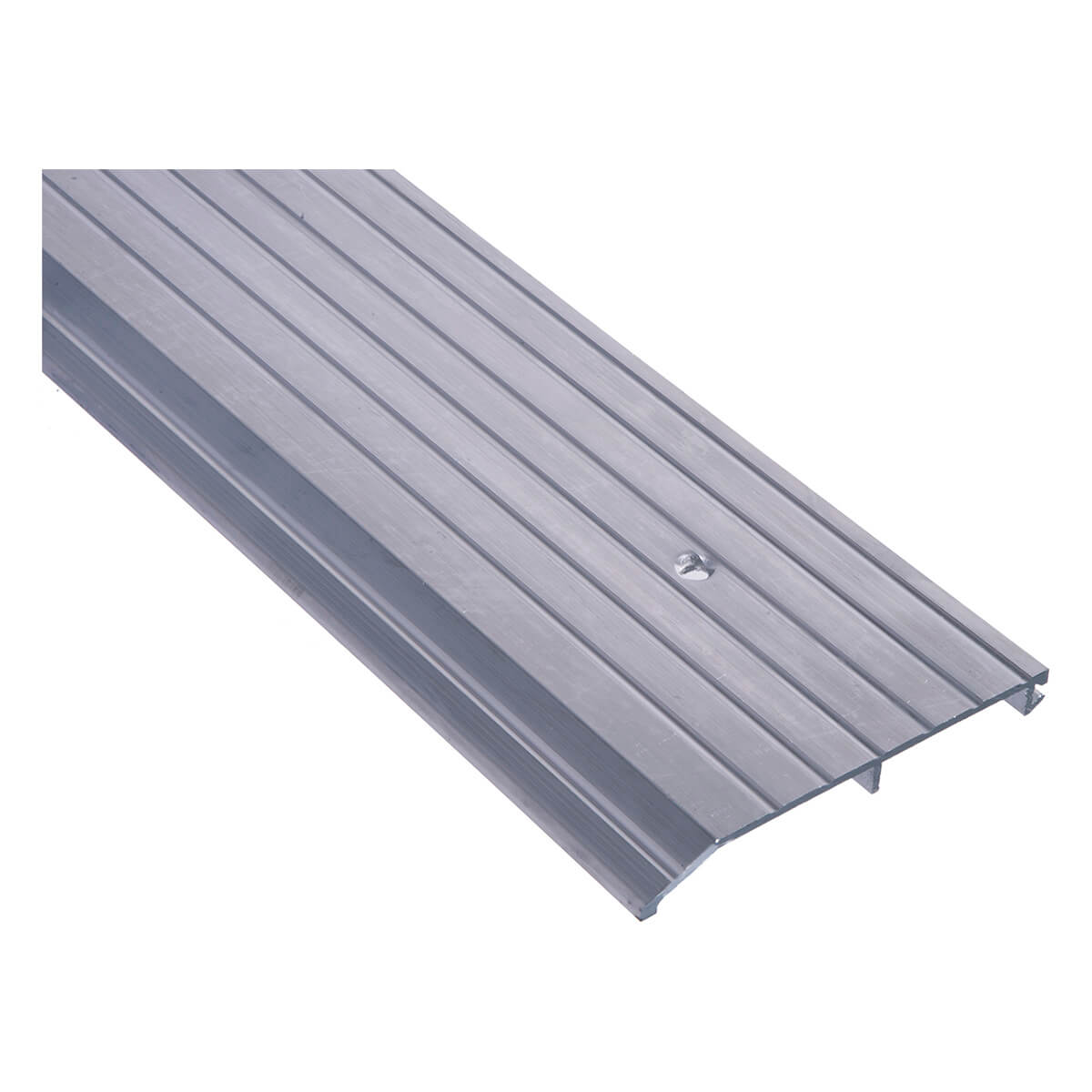Metal threshold with ridged surface and screw hole.