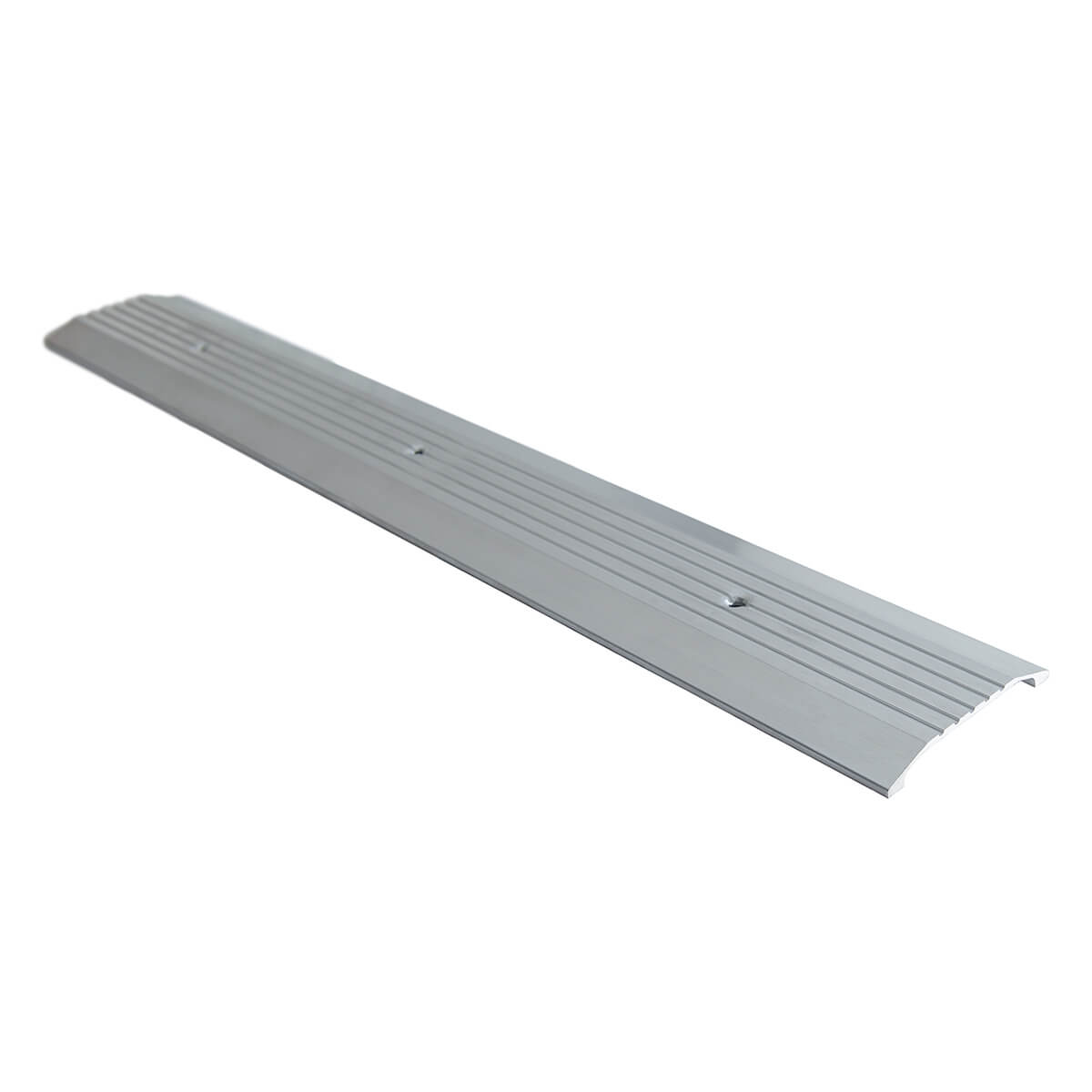 Silver metal door threshold with screw holes.