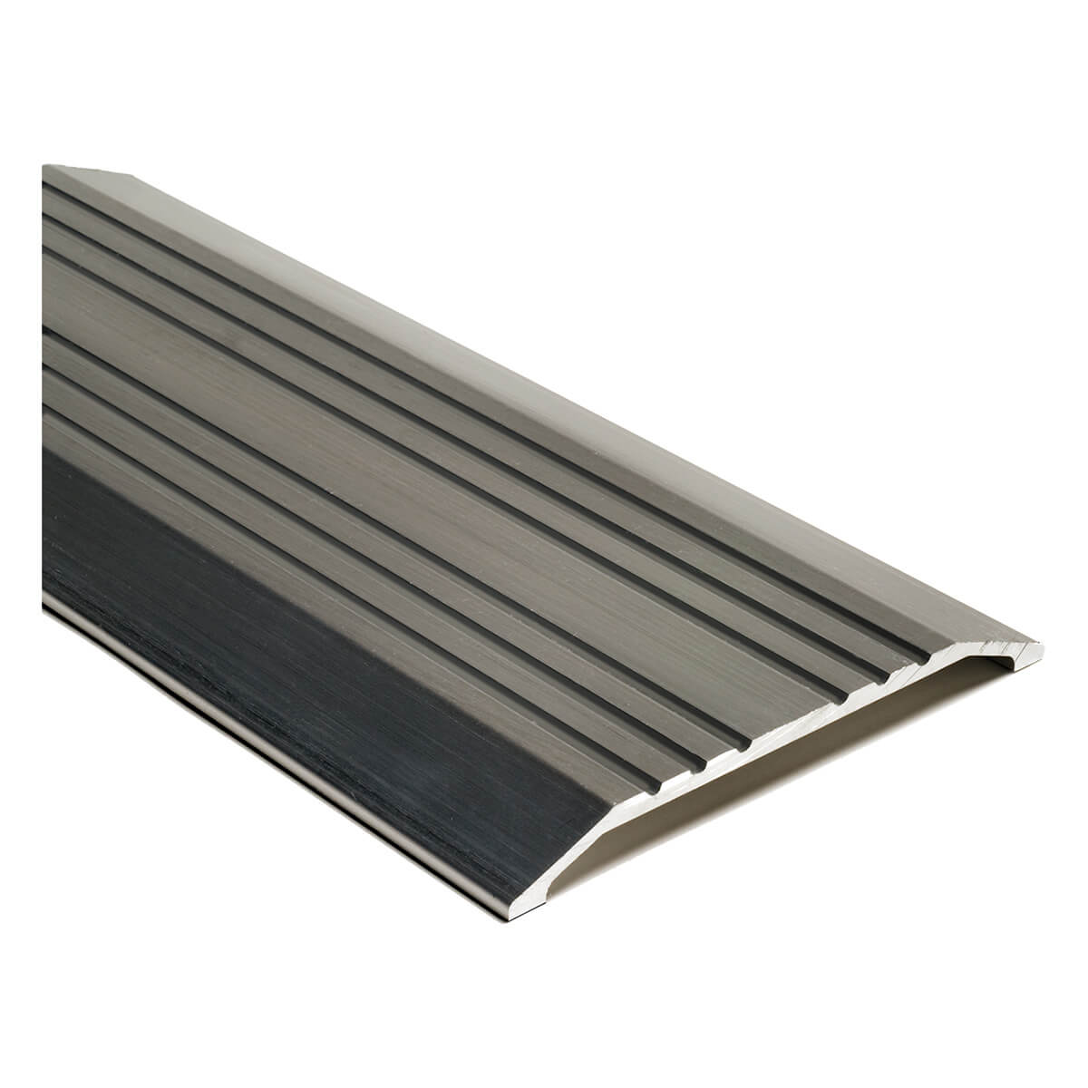 Metal threshold ramp, angled view, showing ridged surface.