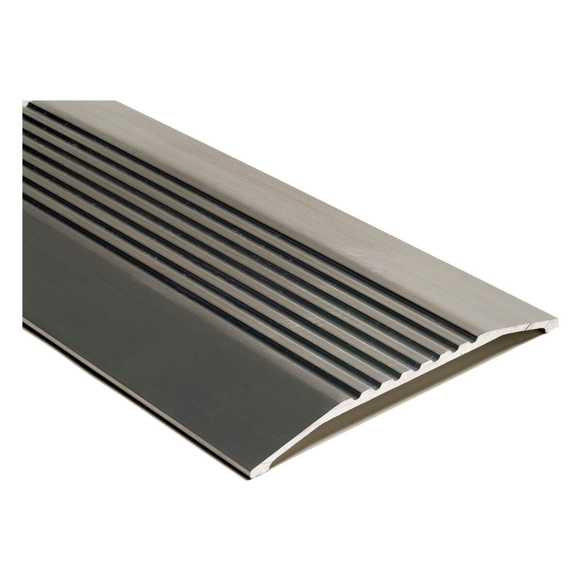 Metal door threshold with grooved surface for traction.