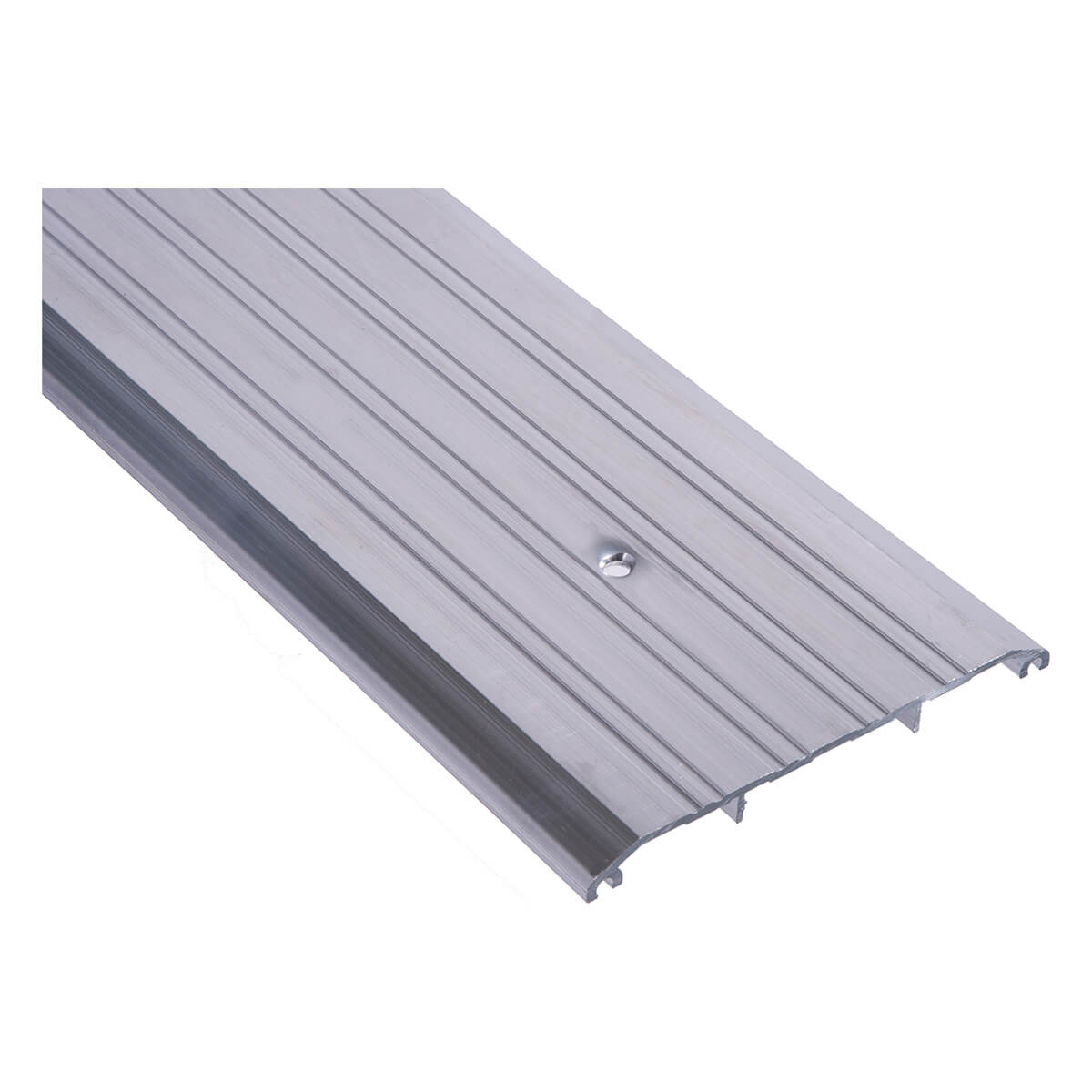 Metal door threshold with central screw, angled view.