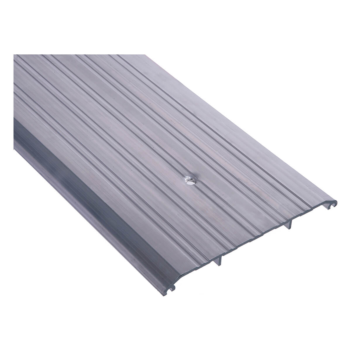 Metal door threshold with raised grooves.
