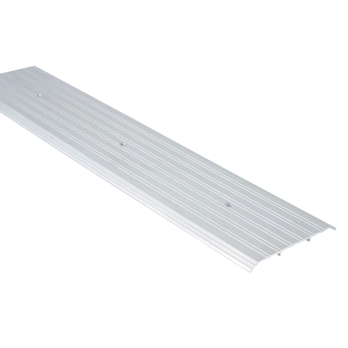 Metal threshold plate with grooved surface, diagonal view.