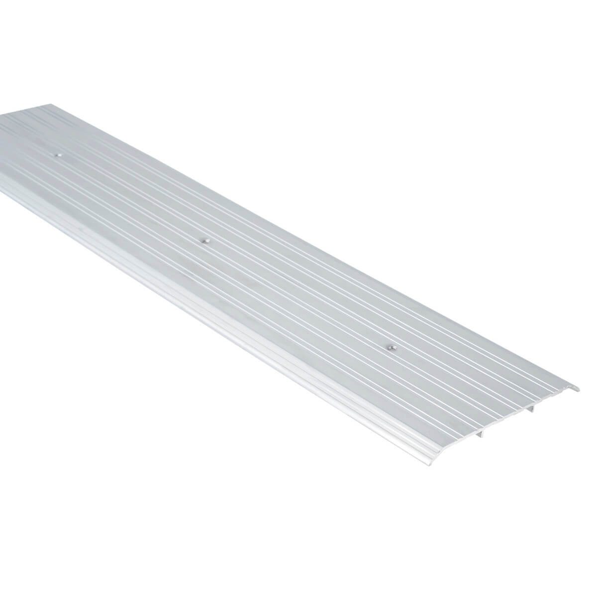 Metal door threshold with grooved surface, angled view.