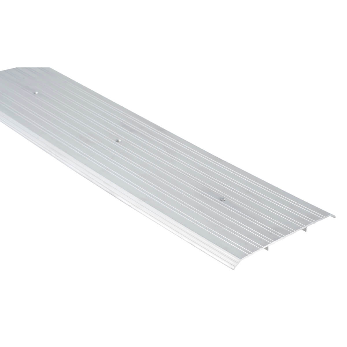 Silver metal threshold with grooves, used for door frames.