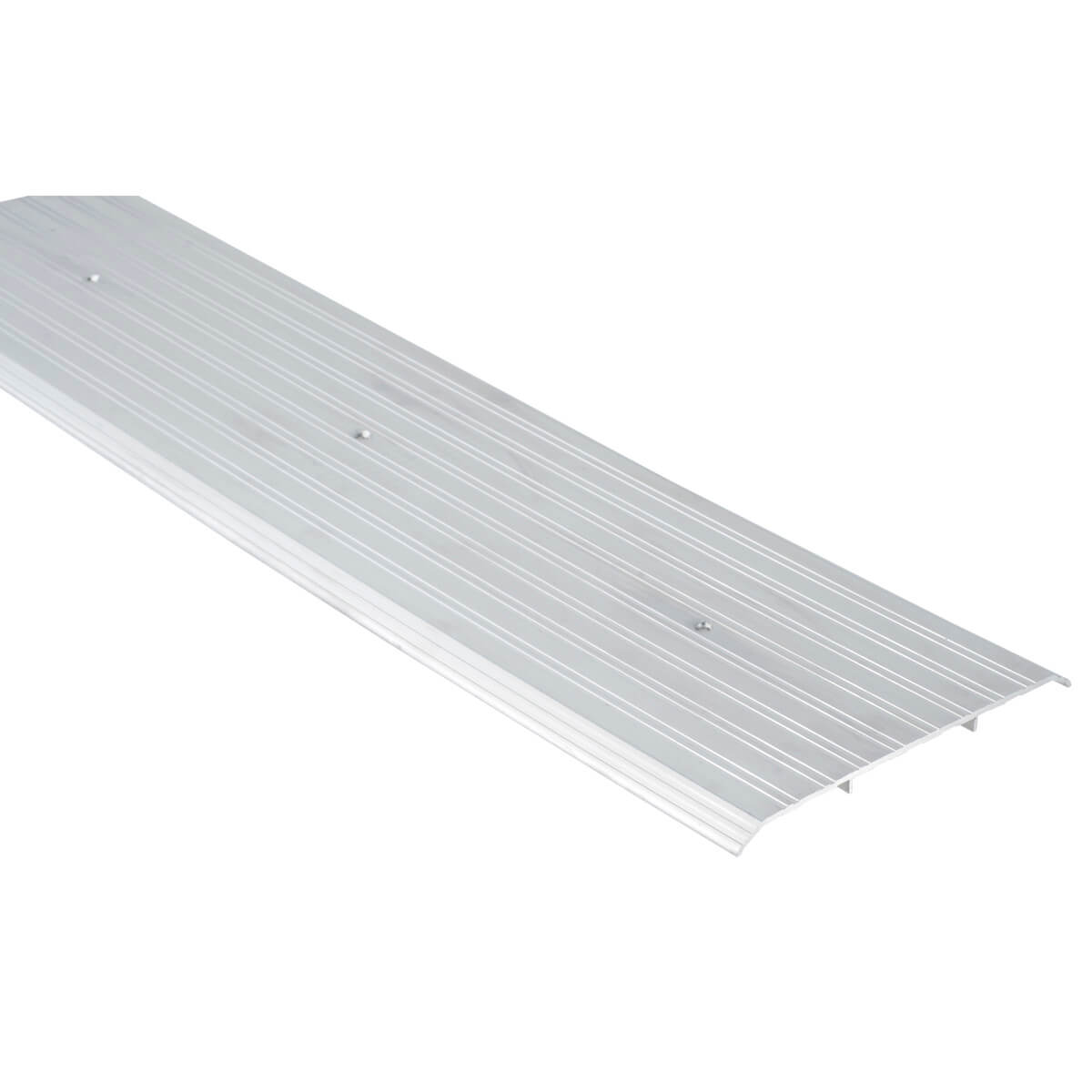 Silver metal threshold plate with ridged surface design.
