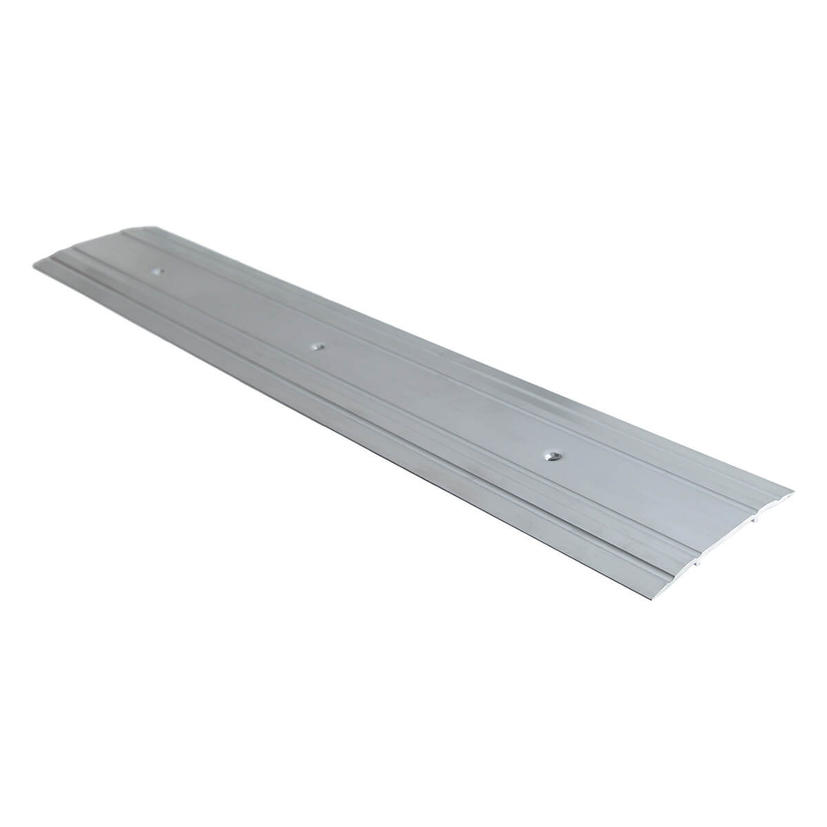 Aluminum door threshold lying flat on white background.