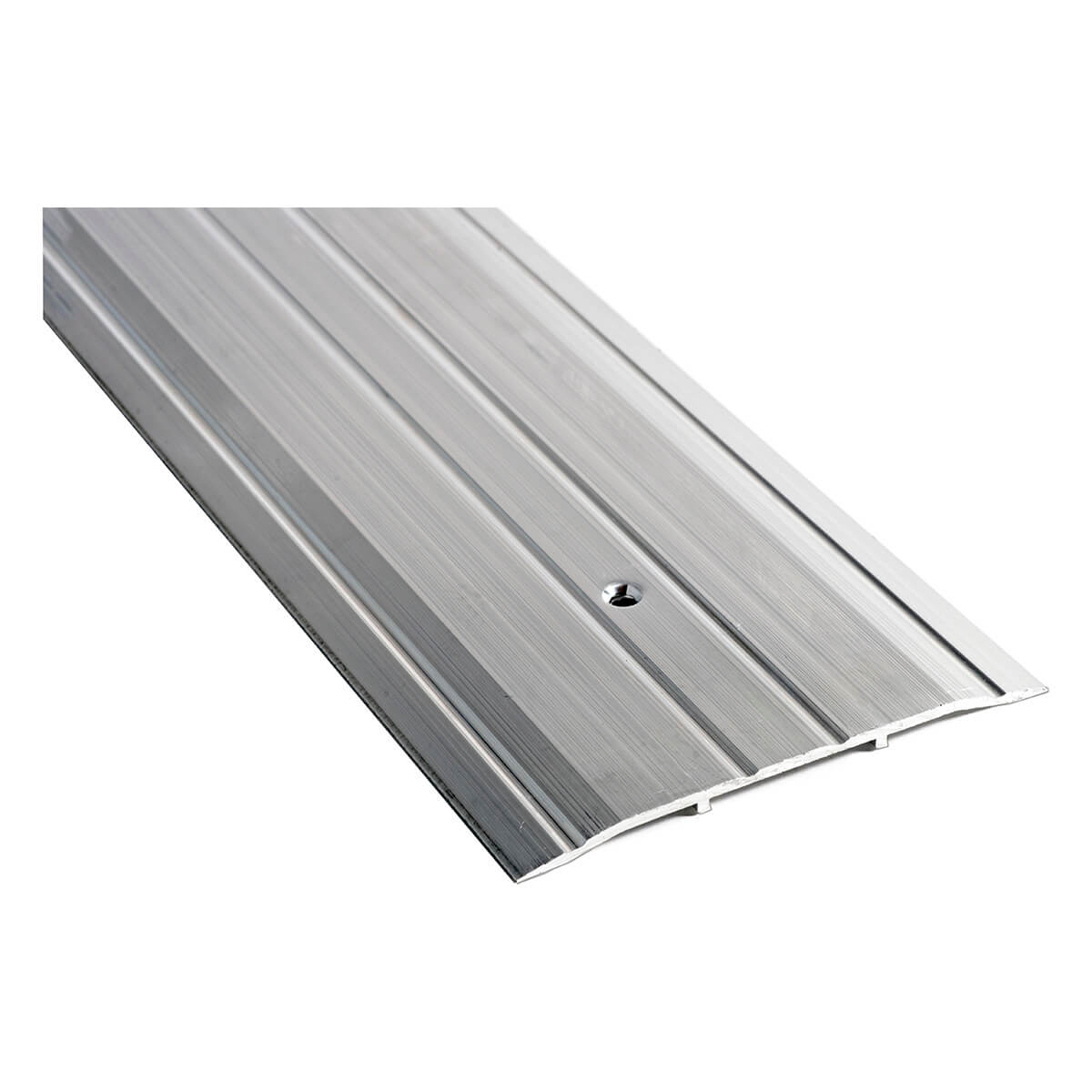 Aluminum door threshold with grooved surface and screw hole.