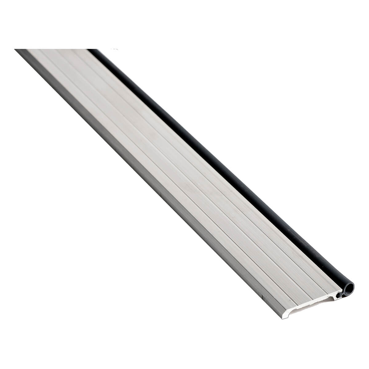 Metal door threshold with rubber weather seal attached.
