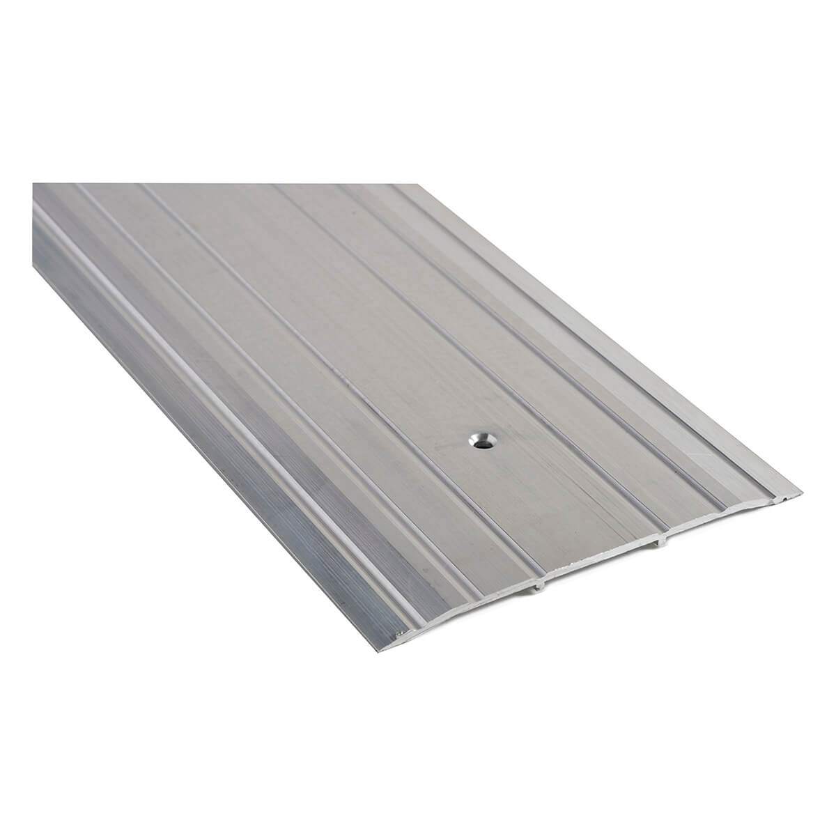 Aluminum door threshold with groove and screw hole.