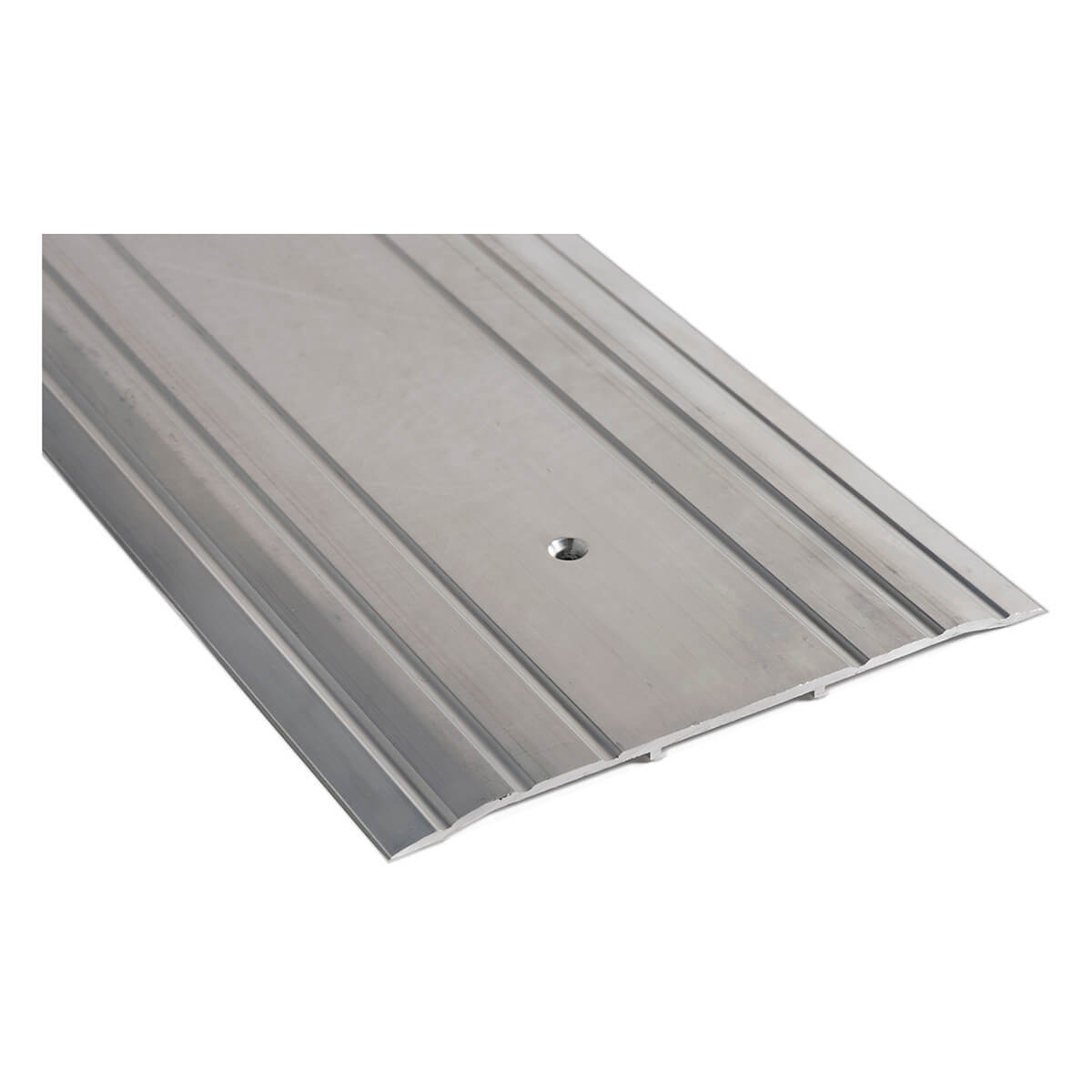 Aluminum threshold with grooves and central screw hole.