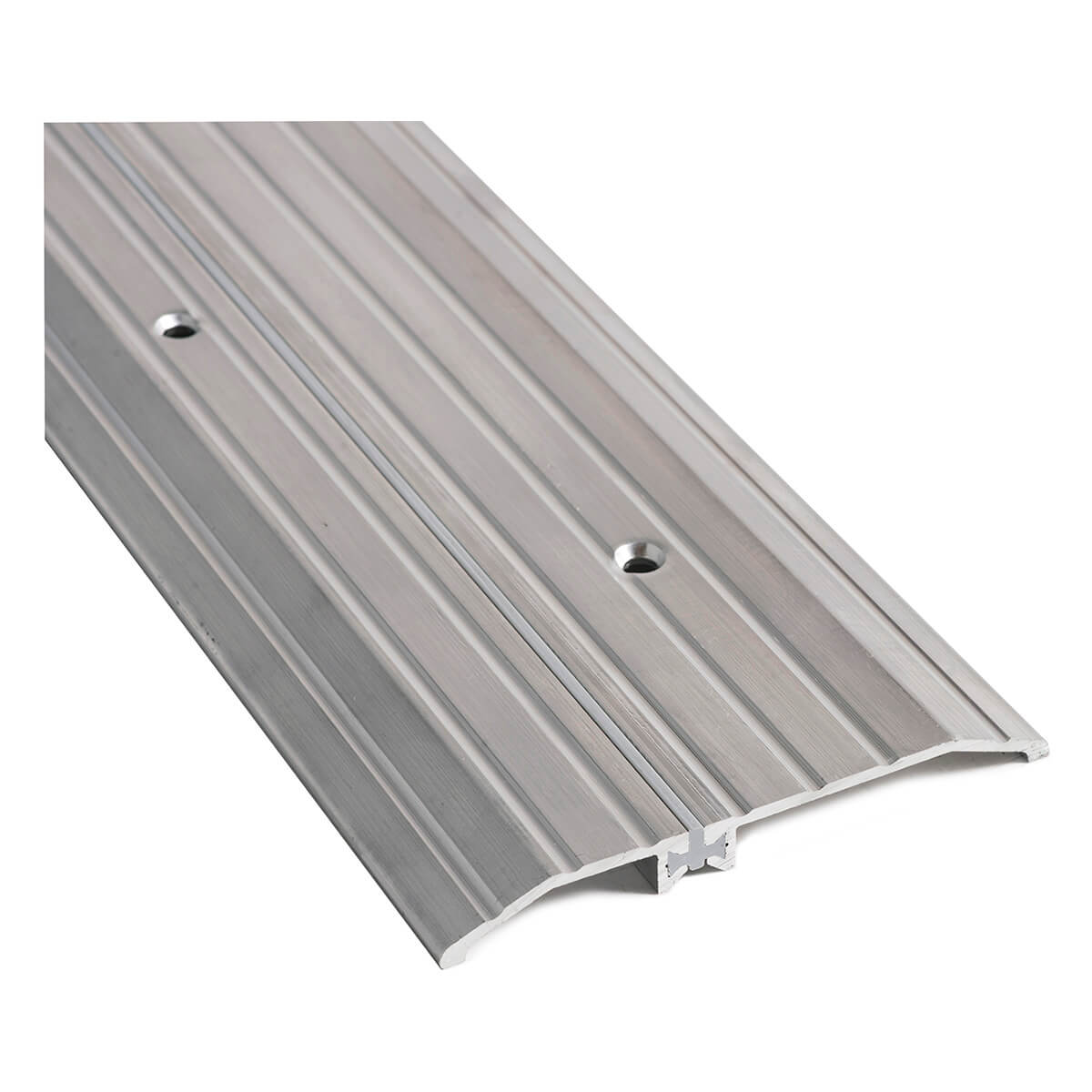 Aluminum door threshold featuring grooves and mounting holes.