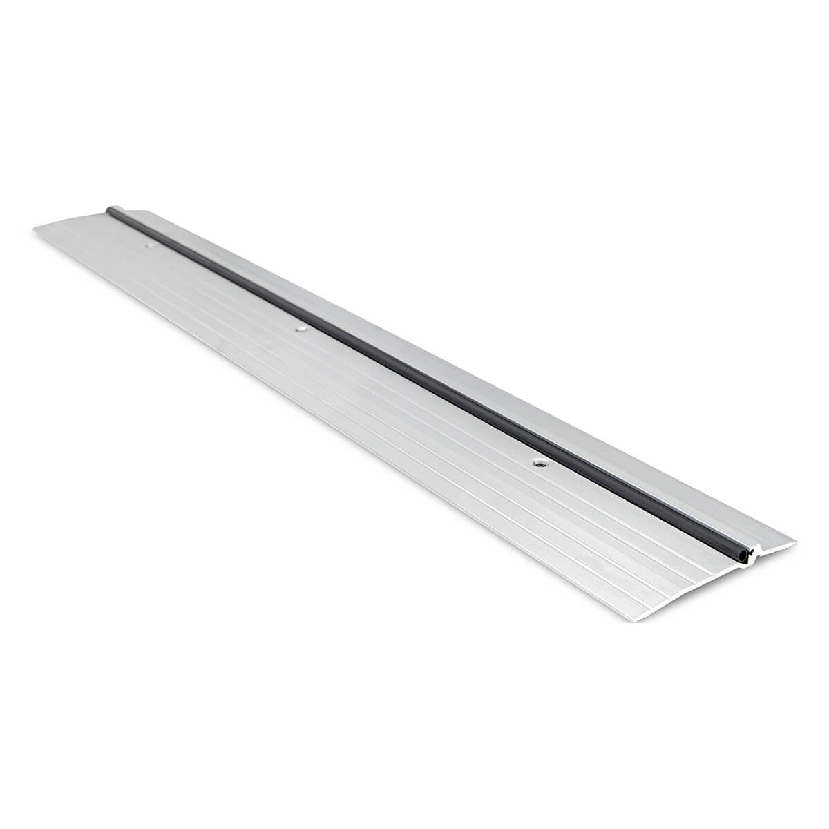 Aluminum door threshold with black rubber seal strip.