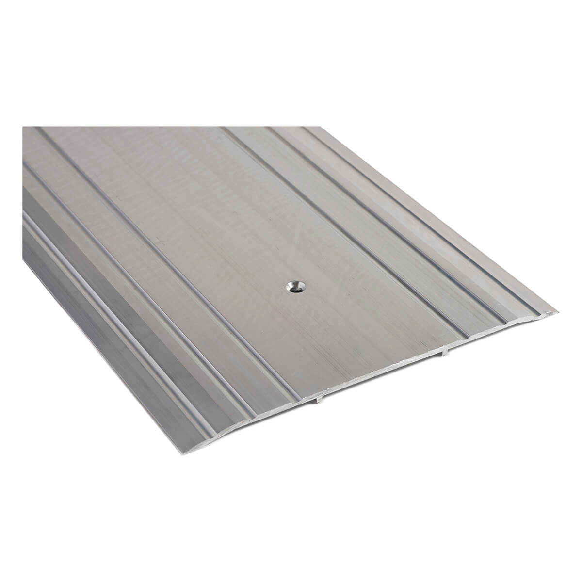 Aluminum door threshold with central screw hole.
