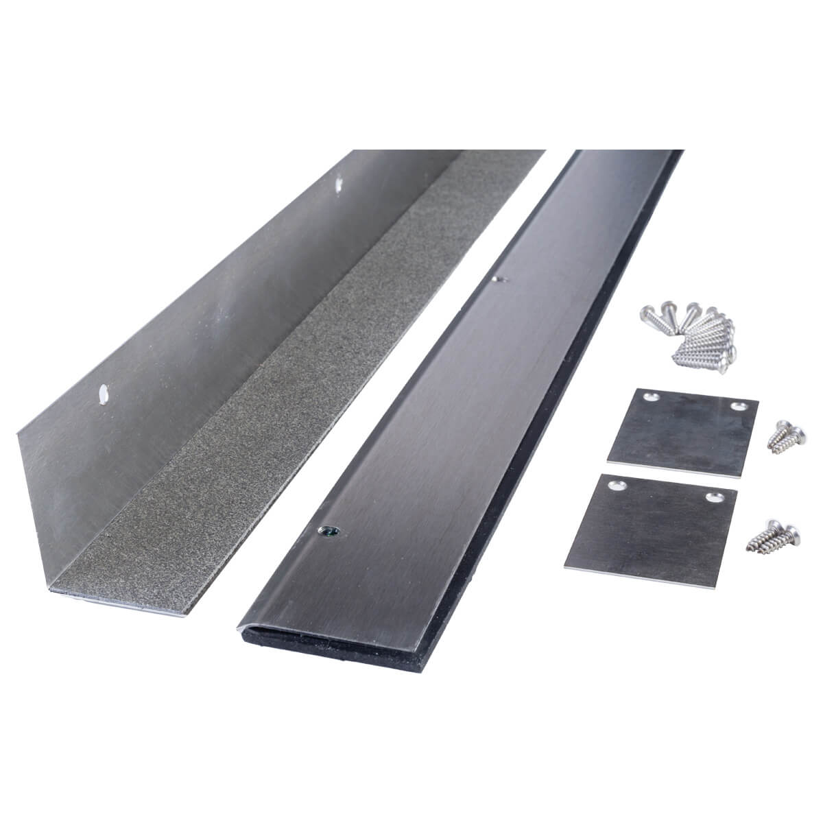 Door hardware kit with screws and metal plates.