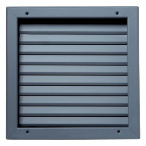 Gray metal ventilation grille with horizontal slats.
