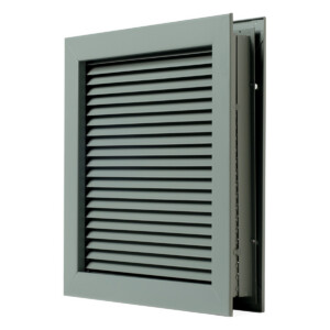 Gray louvered door frame slightly ajar, side view.