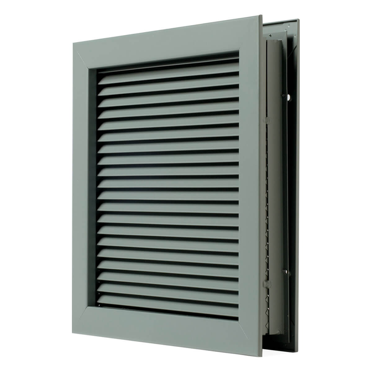 Gray metal louvered door with security frame.