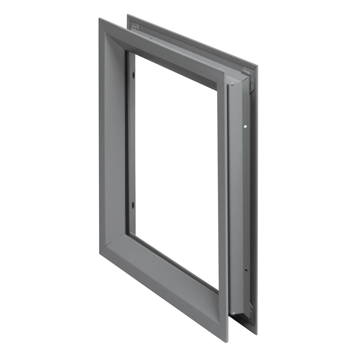 Gray metal frame with recessed wall opening.