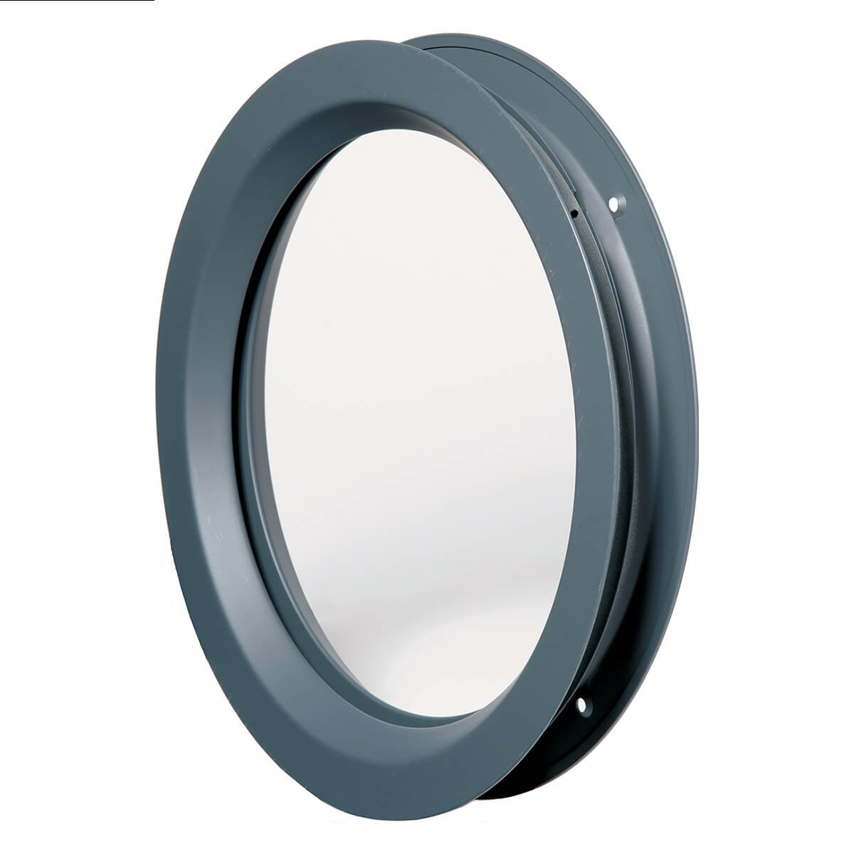 Round metal window frame with glass insert.
