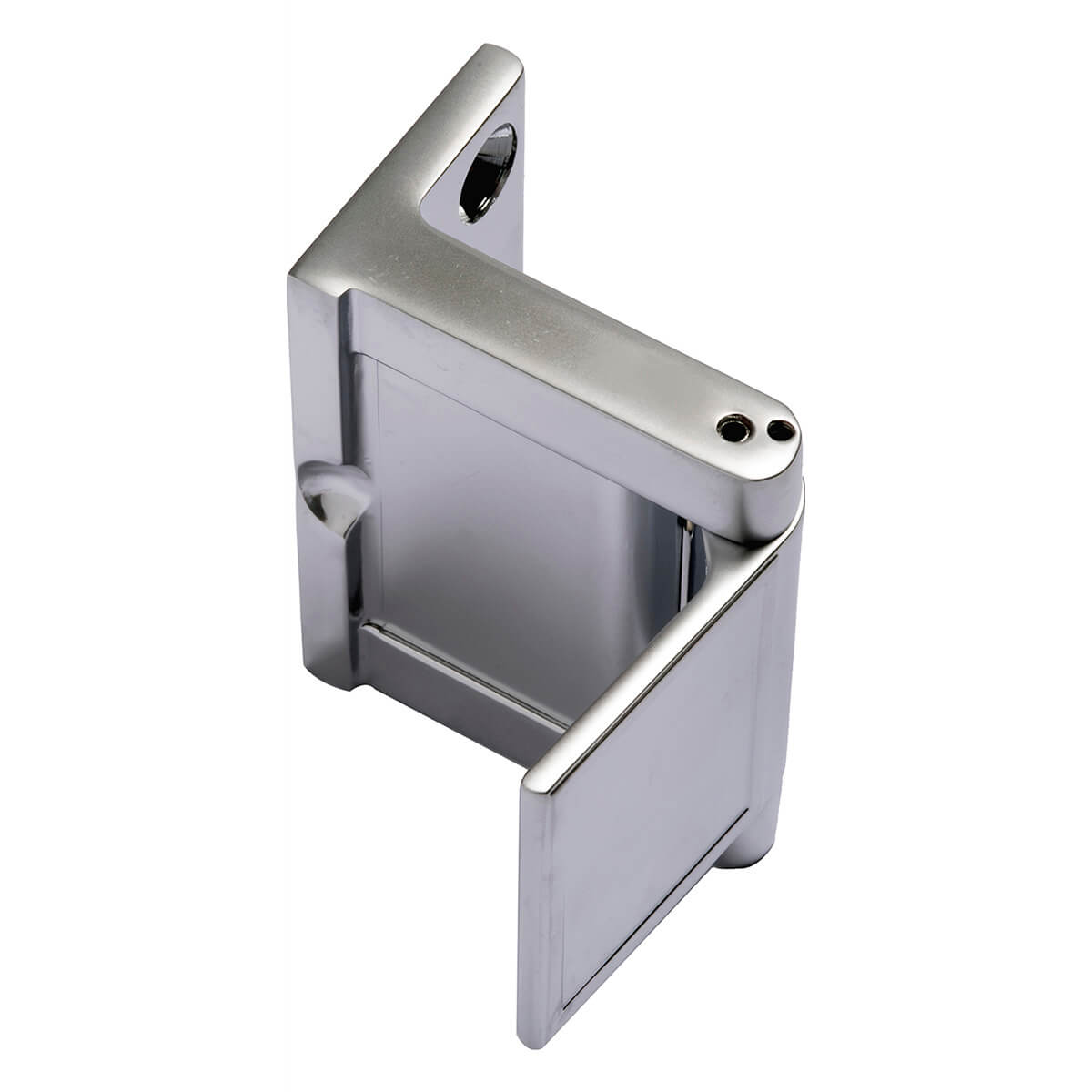 Silver door hinge with swing action.