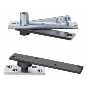 Metal door pivot hinges displayed against white background.