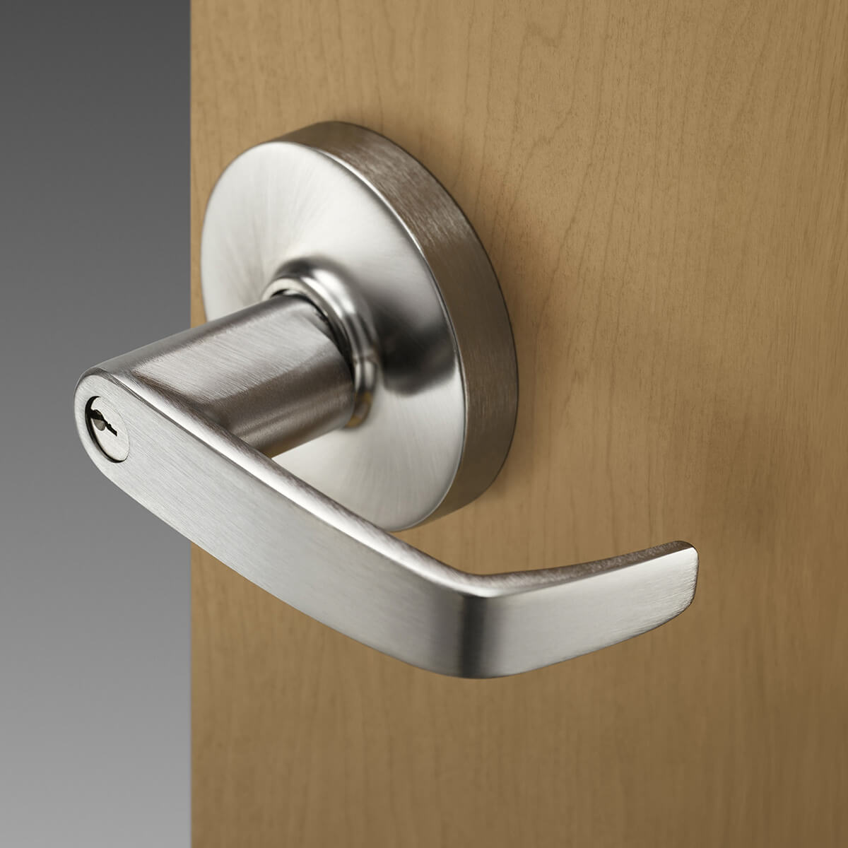 Metal door handle on wooden door.