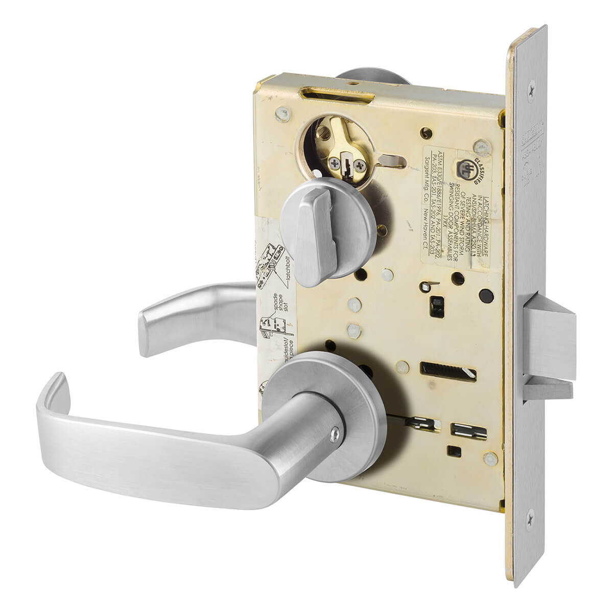 Silver mortise lock with lever handles, close-up view.