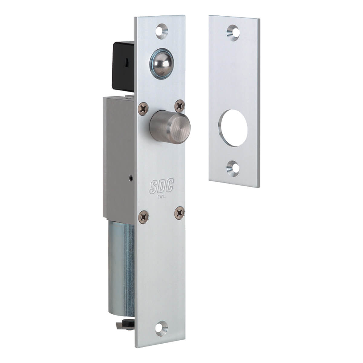 Metallic door bolt with separate mounting plate.