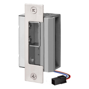 Electric door strike with visible wiring and connector.
