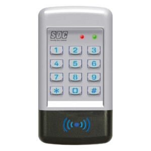 Keypad for security door access with lights illuminated.