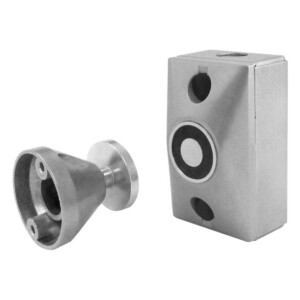 Metal door hardware and security box displayed together.