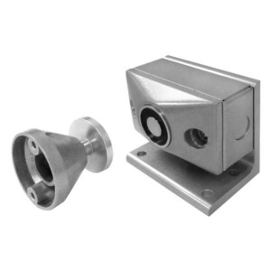 Metal doorstop and holder, silver finish.