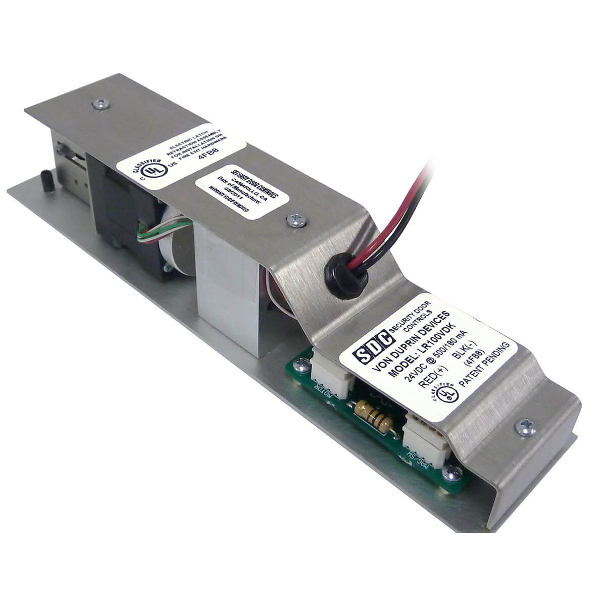 Security door hardware component with visible wiring and labels.