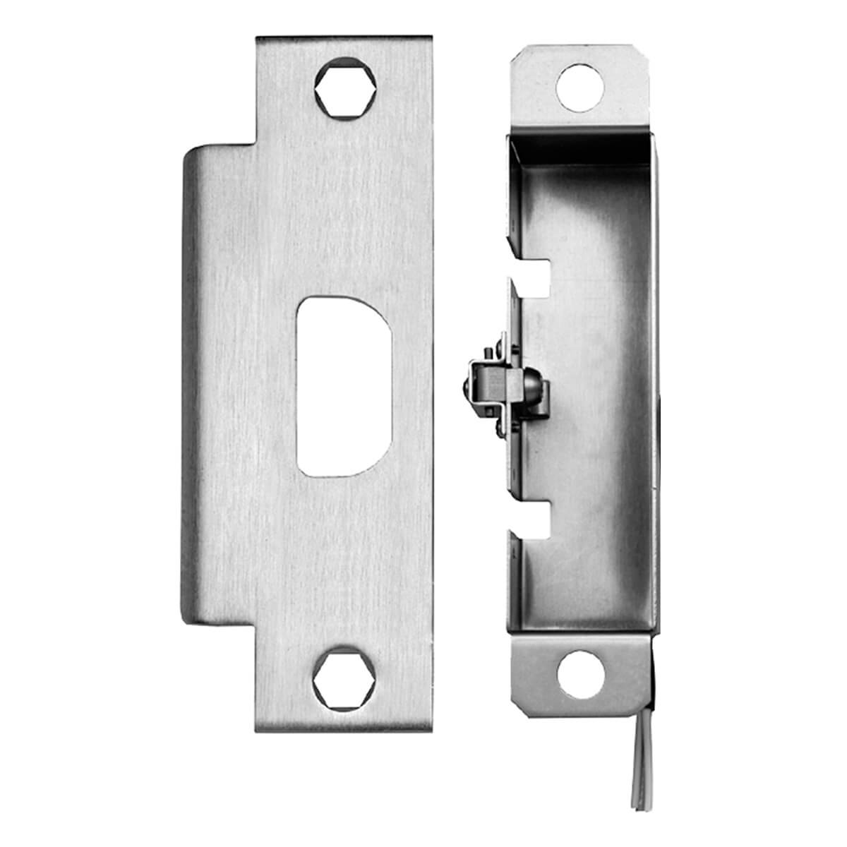 Steel door latch and strike plate, side-by-side.