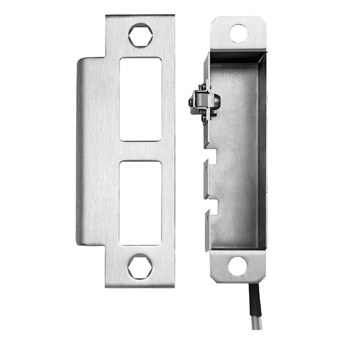 Silver door strike plate, electric wiring attachment.