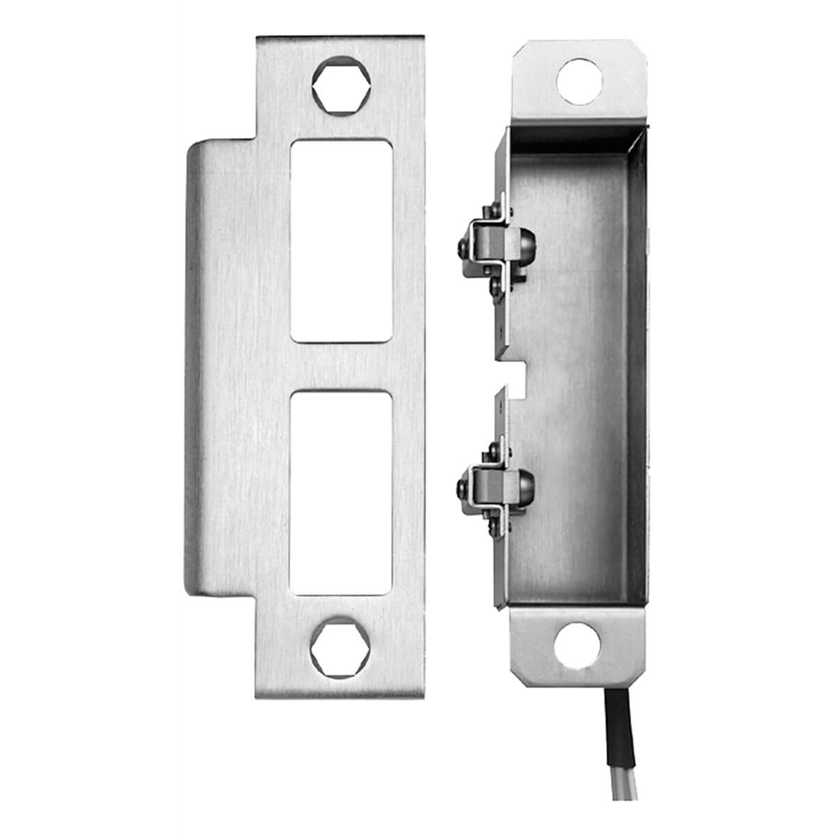 Metal door strike plate with wiring exposed.
