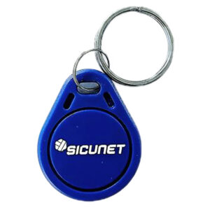 Blue key fob with attached metal keyring.