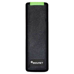 Black security hardware with green indicator light.