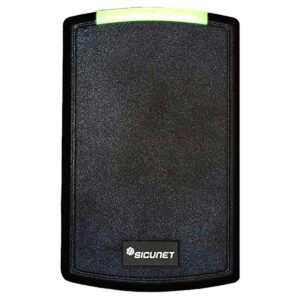 Black door security reader with green light indicator.