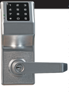 Electronic keypad deadbolt with a long metal lever handle on a door.