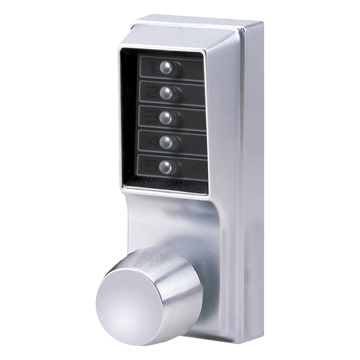 Silver electronic door lock with numerical keypad.
