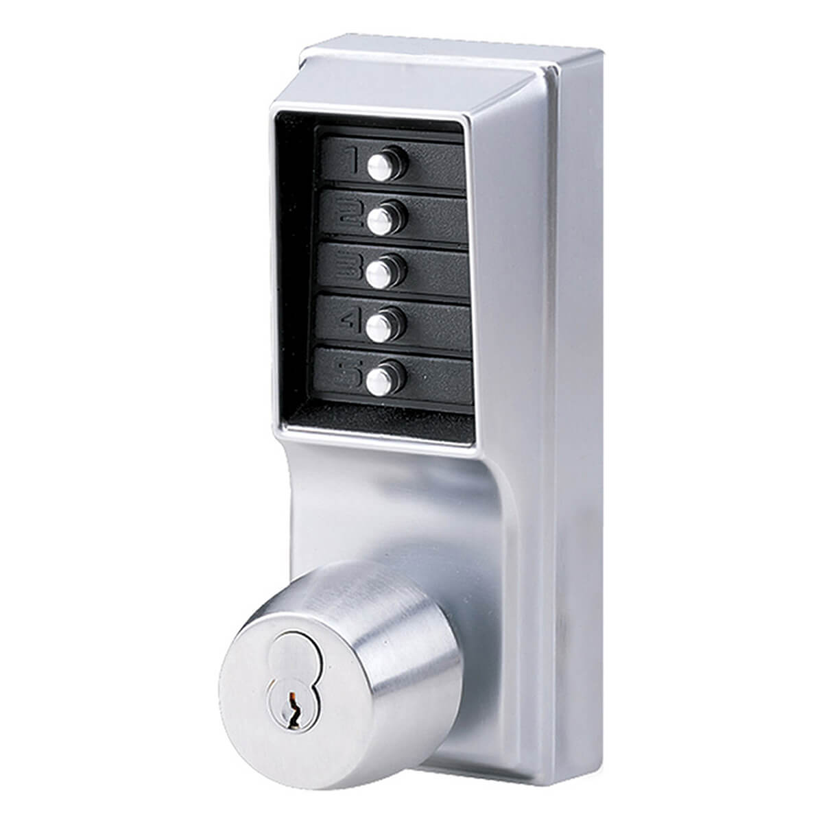 Silver keypad door lock with cylinder knob.