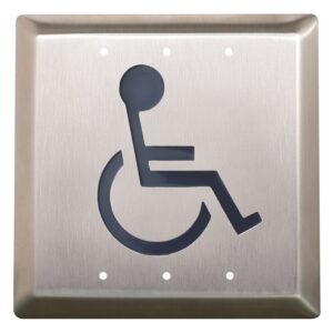 Accessible door push plate with wheelchair symbol.