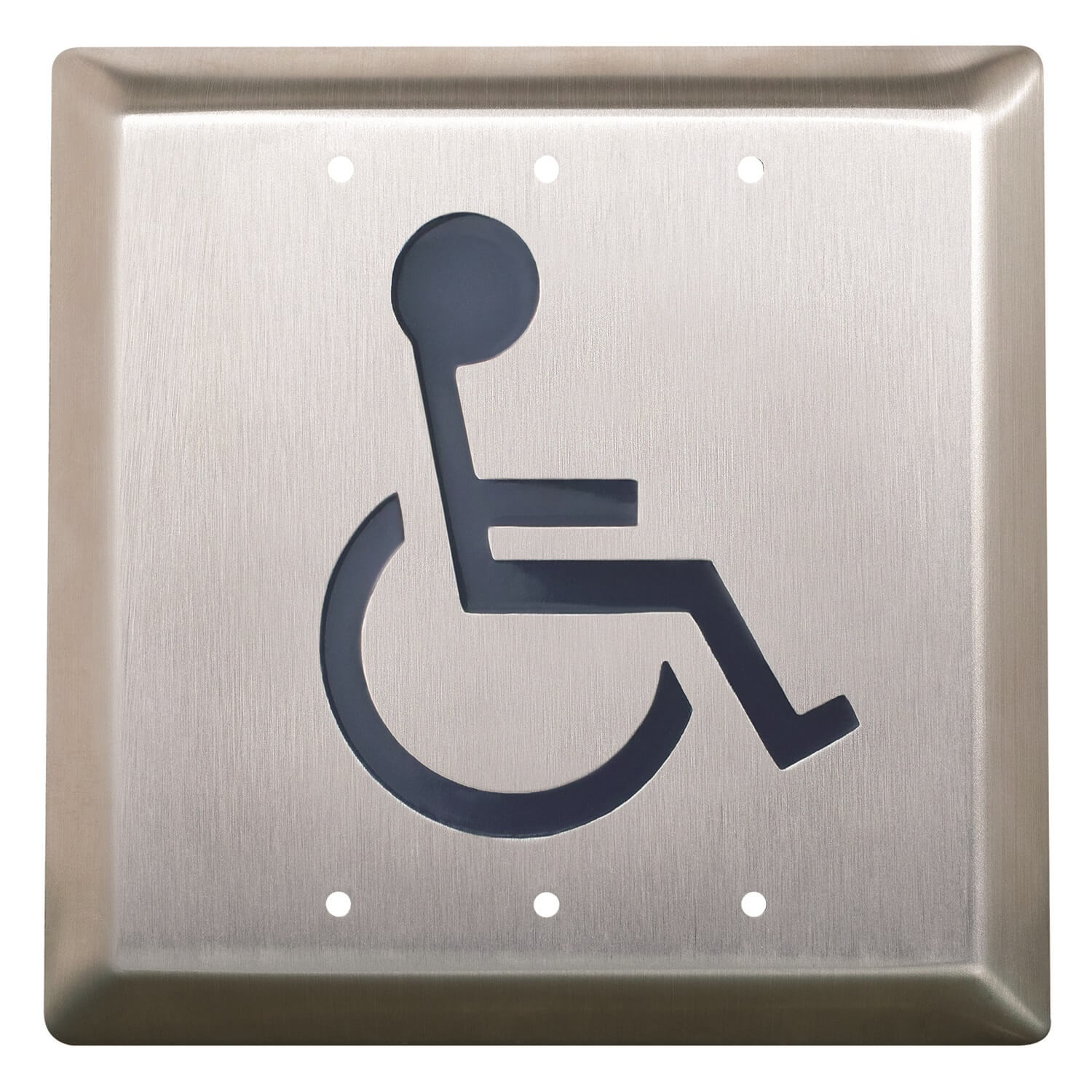 Accessible door push plate with wheelchair symbol.