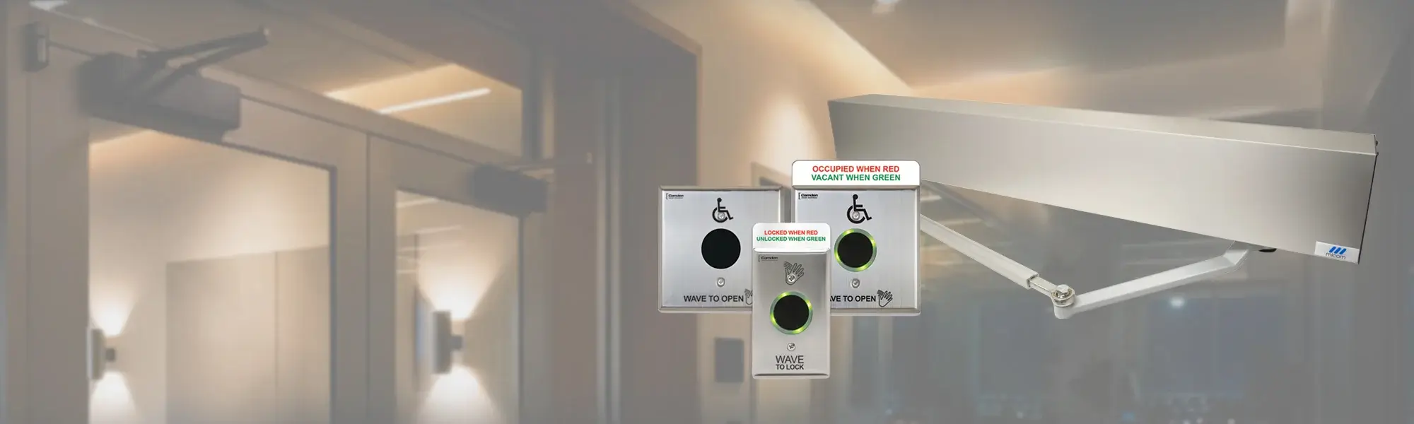 Automatic door with accessible wave-to-open sensors.