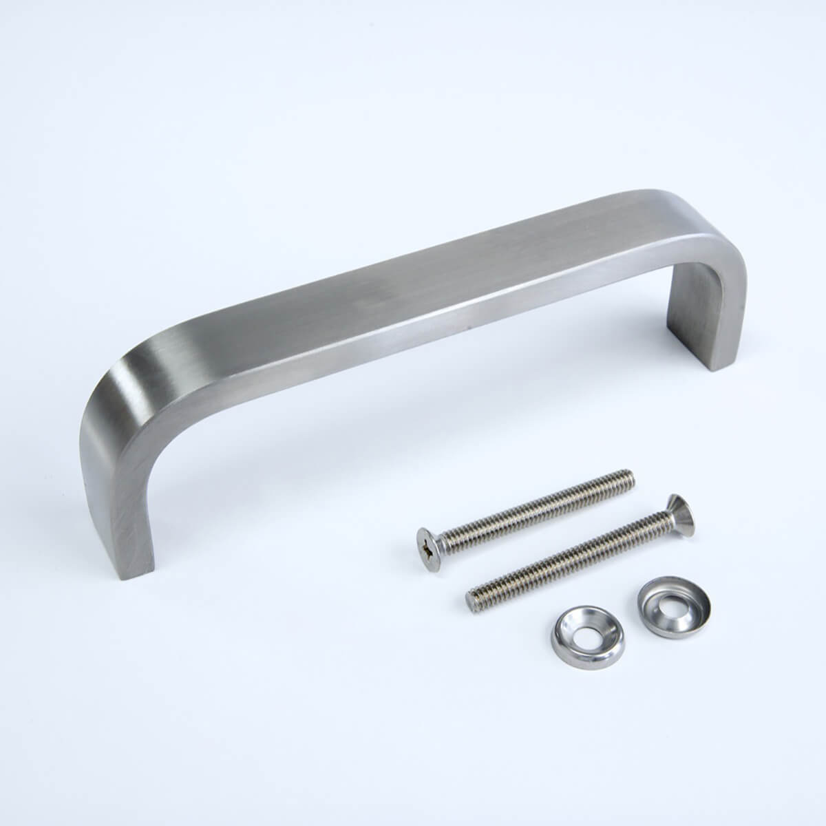 Stainless steel door handle with mounting screws.