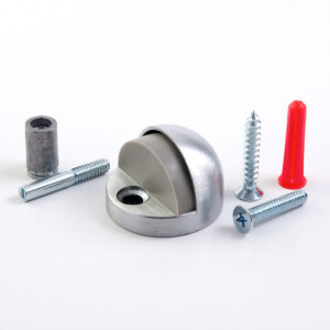 Door stop and screws on white background.