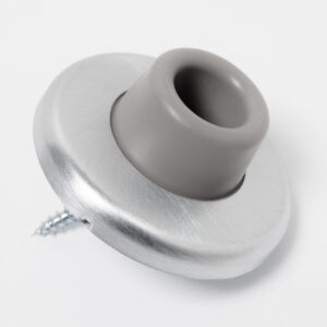 Silver doorstop with screw, resting on white background.