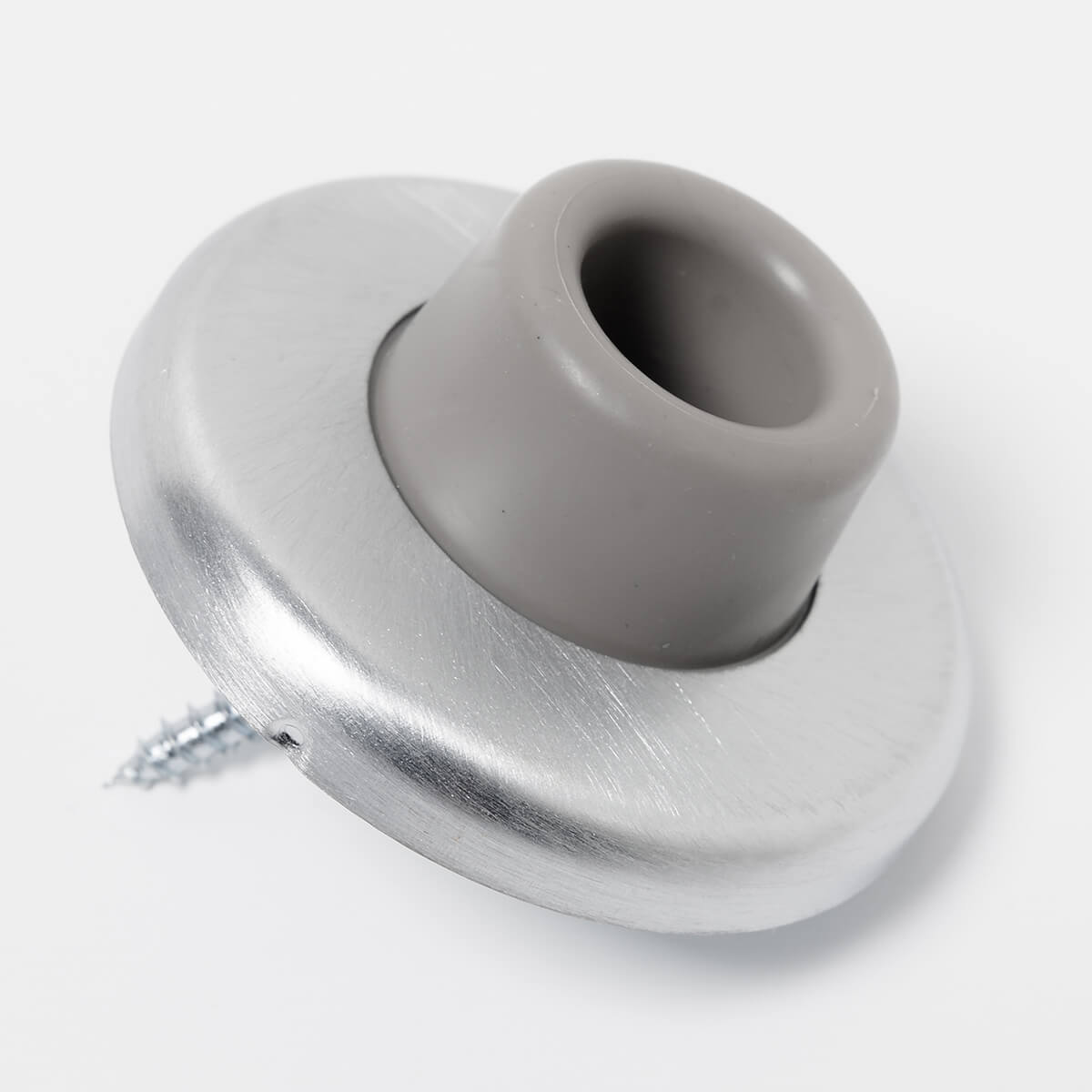 Silver doorstop with screw, resting on white background.